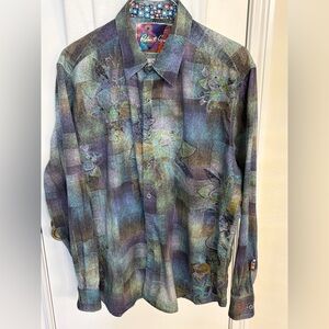 Robert Graham PreOwned Button Front Dress Casual GreenPurple TonesShirt Size 3XL